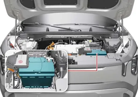 Overview of the 12V auxiliary battery compartment and layout under the hood of a Kia EV2
