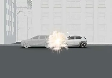 Kia EV2 interior diagram highlighting front airbag deployment zone during frontal impacts