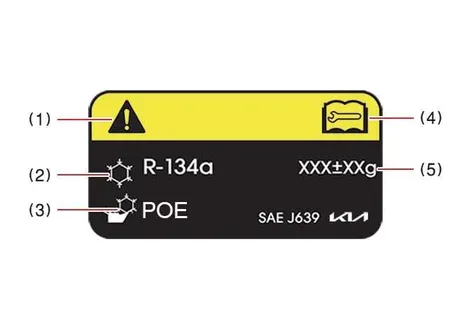 Air conditioning refrigerant identification label Type A located under the hood of the Kia EV2