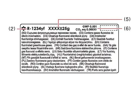 Air conditioning refrigerant identification label Type B located under the hood of the Kia EV2