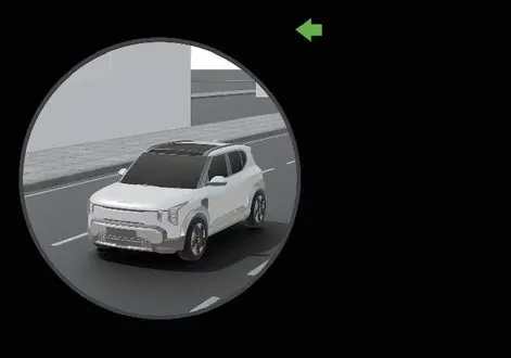 Kia EV2 digital instrument cluster displaying live left side camera feed from the Blind-Spot View Monitor