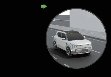 Kia EV2 digital instrument cluster displaying live right side camera feed from the Blind-Spot View Monitor
