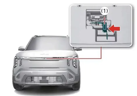 Kia EV2 exterior secondary safety latch release lever under the bonnet edge