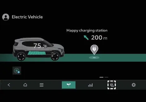 Charging and climate control menu overview on the central display of the Kia EV2