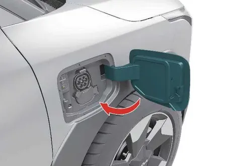 Kia EV2 charging door fully open revealing the internal charging ports