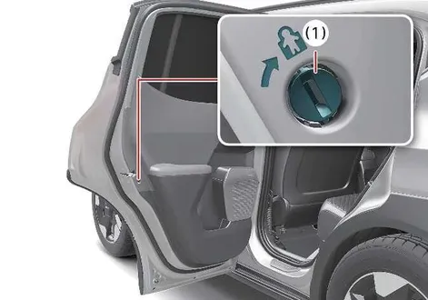 Kia EV2 child-protector rear door lock switch location on the inner door edge