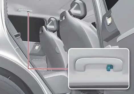 Rear passenger cabin grab handle and integrated coat hook location inside the Kia EV2