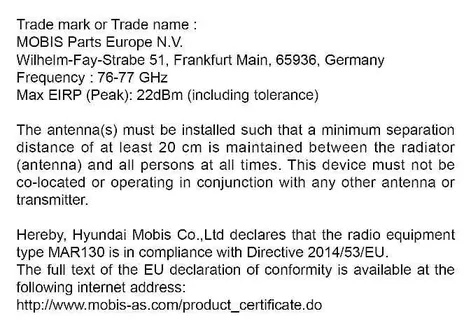 Kia EV2 corner radar radio frequency compliance certification document for Europe