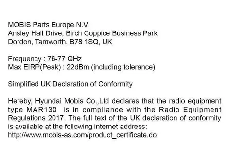 Kia EV2 corner radar radio frequency compliance certification document for the United Kingdom