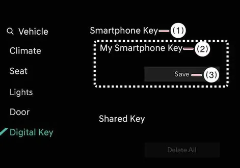 Infotainment screen showing the smartphone key registration menu options for the Kia EV2