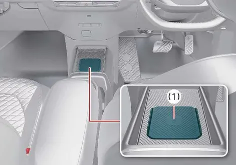 Close-up view of the wireless charging pad inside the Kia EV2 used for smartphone key authentication