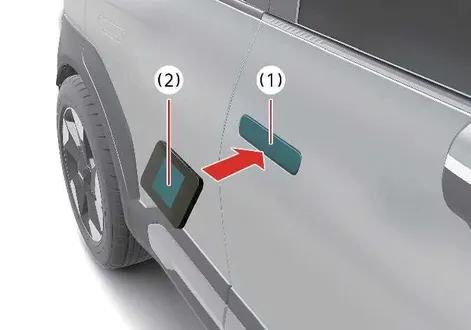 Diagram showing the smartphone NFC antenna alignment against the exterior door handle of the Kia EV2