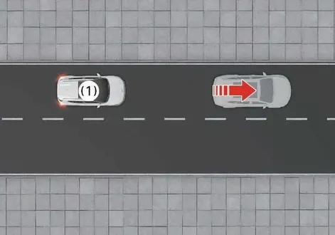Kia EV2 instrument cluster view of a leading vehicle accelerating away suddenly