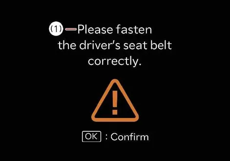 Kia EV2 instrument cluster display showing the driver seat belt warning message and prompt to fasten seat belt correctly