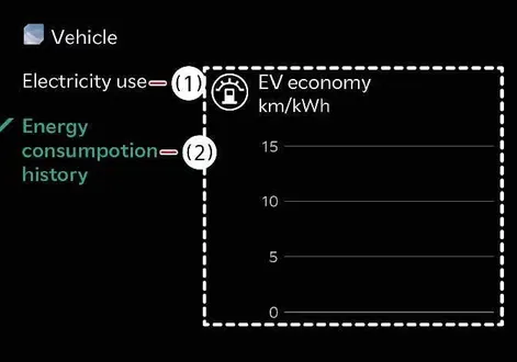 Kia EV2 touchscreen interface displaying detailed energy consumption history and efficiency logs