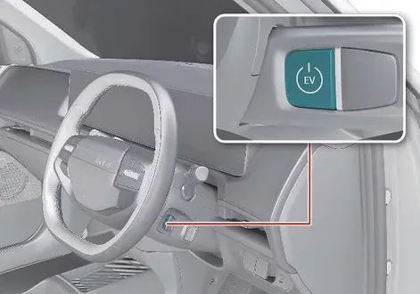 Close-up view of the EV power start button on the center console of the Kia EV2