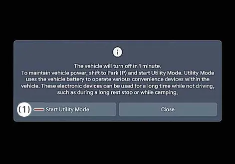 Infotainment touchscreen display showing the Start Utility Mode menu option inside the Kia EV2