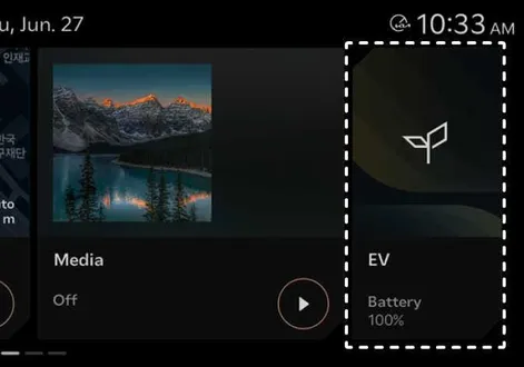 Infotainment screen displaying the main EV menu interface options for the Kia EV2