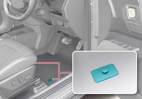 Driver footwell floor mat anchor clips installed on the vehicle carpet of the Kia EV2