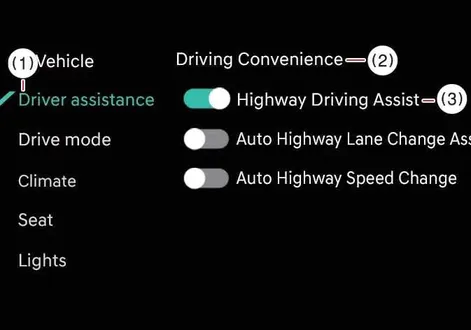 Kia EV2 touchscreen interface displaying the path to Driver Assistance and Driving Convenience settings