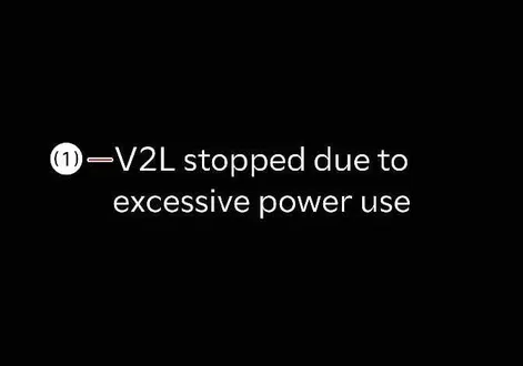 Instrument cluster alert showing V2L operation stopped due to excessive power consumption in the Kia EV2