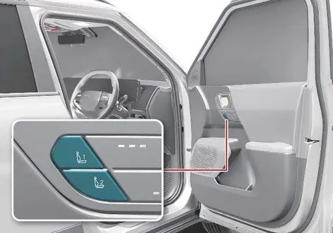 Kia EV2 door panel layout featuring the integrated memory system preset buttons 1 and 2