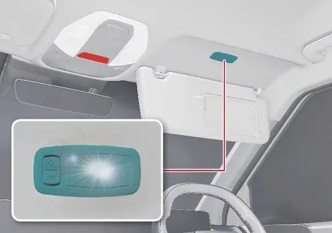 Sun visor vanity mirror and integrated lighting fixture installed in the Kia EV2 cabin