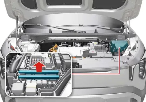 Demonstration showing how to locate and remove the motor compartment fuse panel cover on the Kia EV2 electrical system
