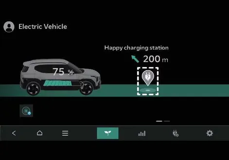 Infotainment screen showing map interface for locating nearby charging stations in the Kia EV2