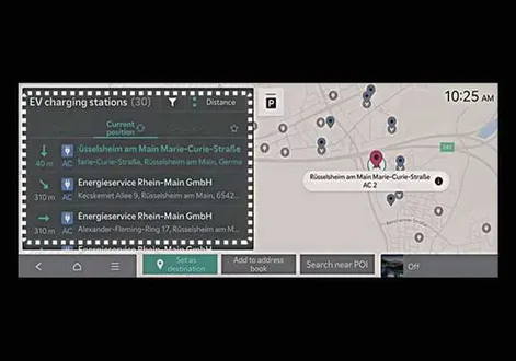 Detailed charging station search results and filter options displayed on the Kia EV2 touchscreen