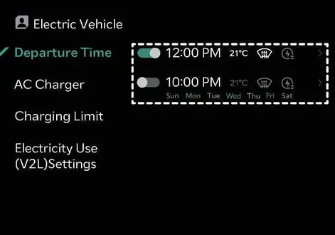 Next departure scheduling menu interface on the Kia EV2 display panel