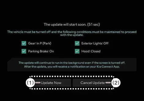 Dashboard preparation screen displaying update options for the Kia EV2