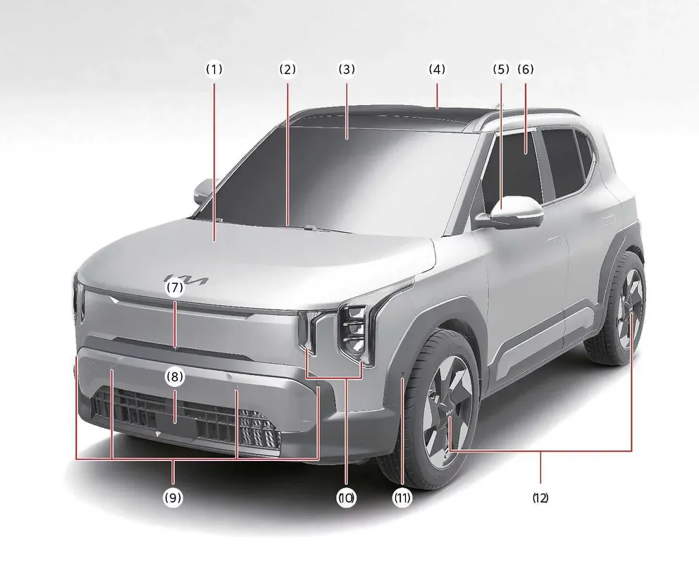 Kia EV2 standard exterior front view showing baseline bumper and lighting design