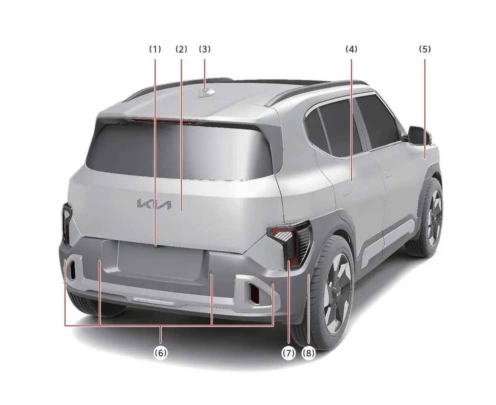 Kia EV2 GT-Line exterior rear view showcasing aggressive bumper and trim elements