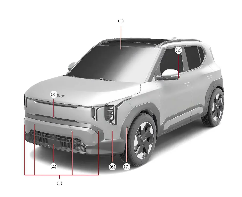 Detailed front view of the Kia EV2 showcasing forward-facing cameras, radars, and ultrasonic parking sensors