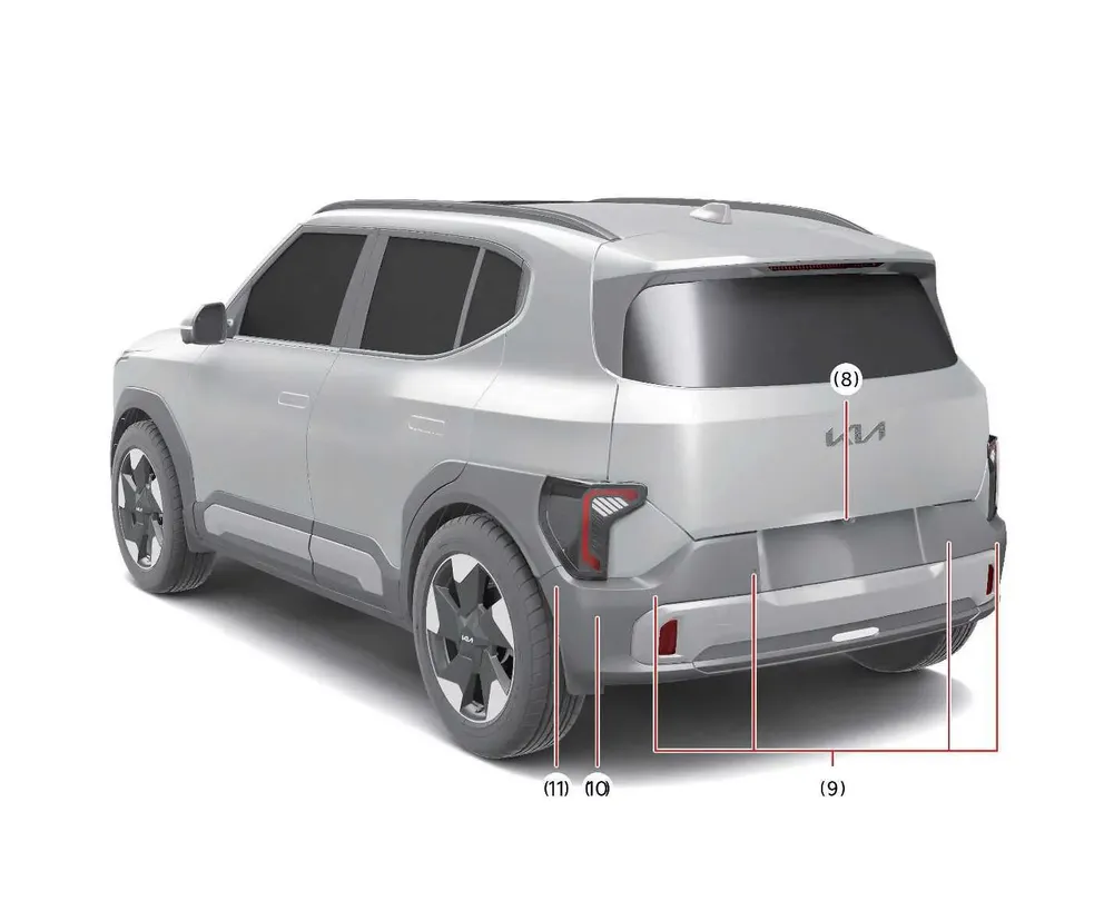 Detailed rear view of the Kia EV2 highlighting rearview cameras, corner radars, and rear ultrasonic sensors
