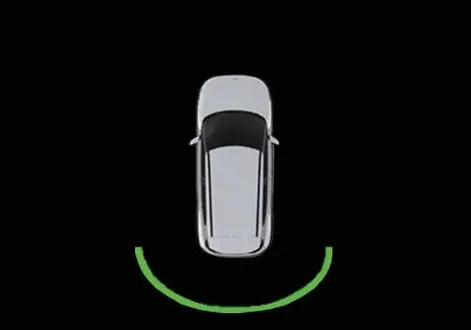 Kia EV2 digital instrument cluster showing long-range parking sensor alert graphic