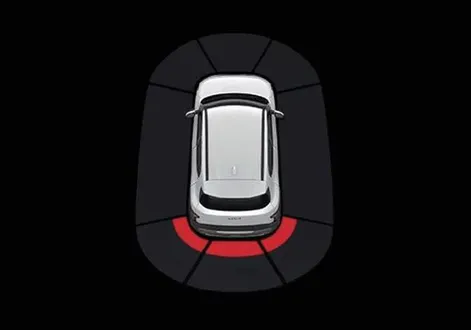 Kia EV2 central touchscreen showing moderate-range parking distance alert