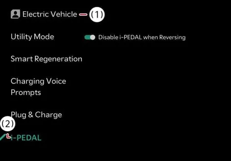 Infotainment touchscreen display showing i-Pedal configuration menu in the Kia EV2