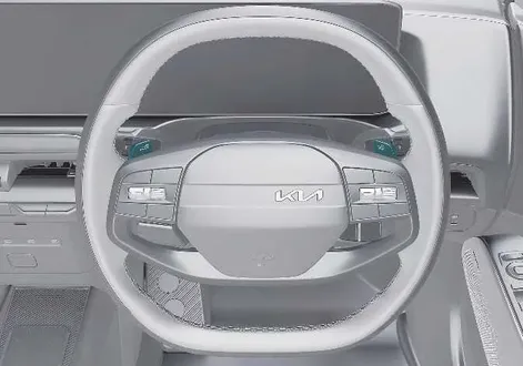 Overview of the steering wheel with paddle shifters in the Kia EV2 cabin