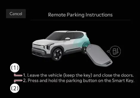 Infotainment screen on Kia EV2 displaying Smart Parking Assist menu options