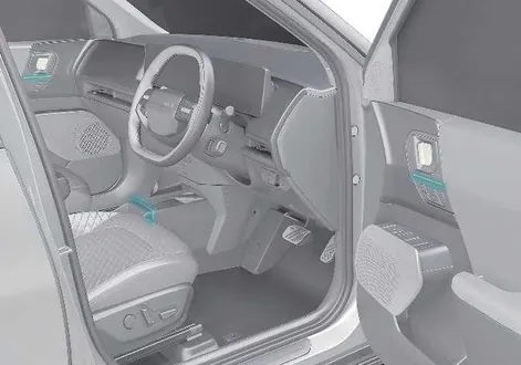 Cabin accent lighting layout showing the ambient illumination strips inside the Kia EV2
