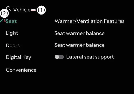 Kia EV2 infotainment screen displaying seat assistance configuration menu