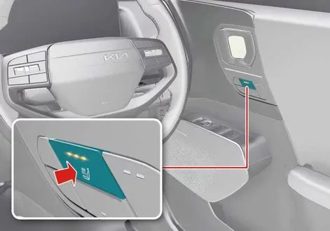 Driver seat warmer control button and heating cushion configuration in the Kia EV2 cabin