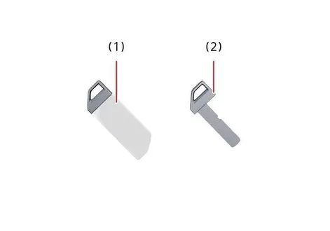Detailed technical diagram illustrating how to remove the mechanical key protective cover and access the emergency key blade for the Kia EV2 smart key fob