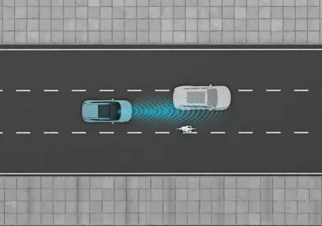 Front sensor field of view detecting traffic ahead of the Kia EV2
