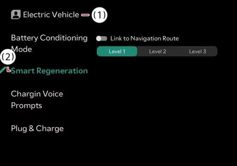 Infotainment screen menu displaying Electric Vehicle and Smart Regeneration settings in the Kia EV2 cabin