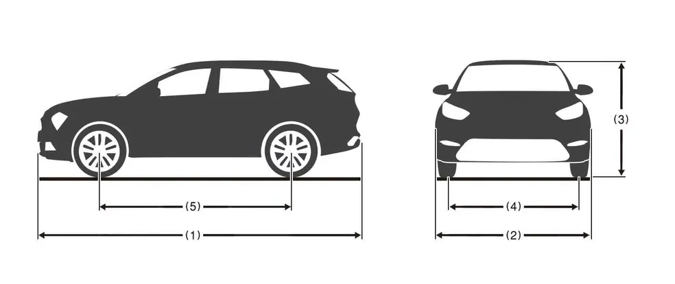 Kia EV2 technical blueprint diagram displaying overall length, width, height, and wheelbase dimensions