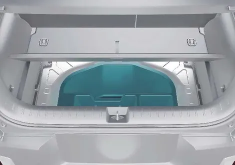 Under-floor storage compartment and luggage board panel inside the Kia EV2 boot