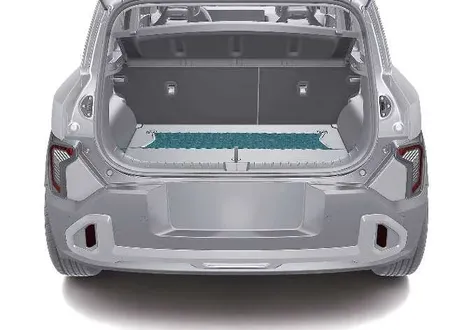 Floor attachment hooks for the luggage net in the rear cargo space of the Kia EV2